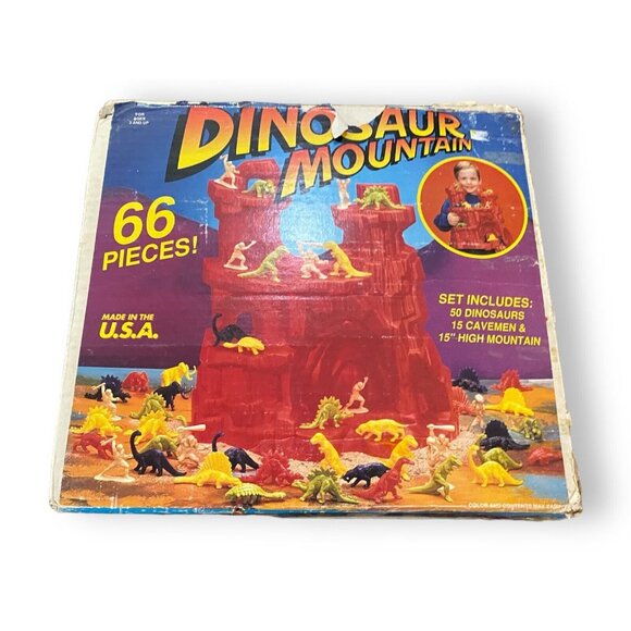 Vintage Tim Mee Toys Dinosaur Mountain Playset With Box Figures Cavemen Made USA - Picture 2 of 6